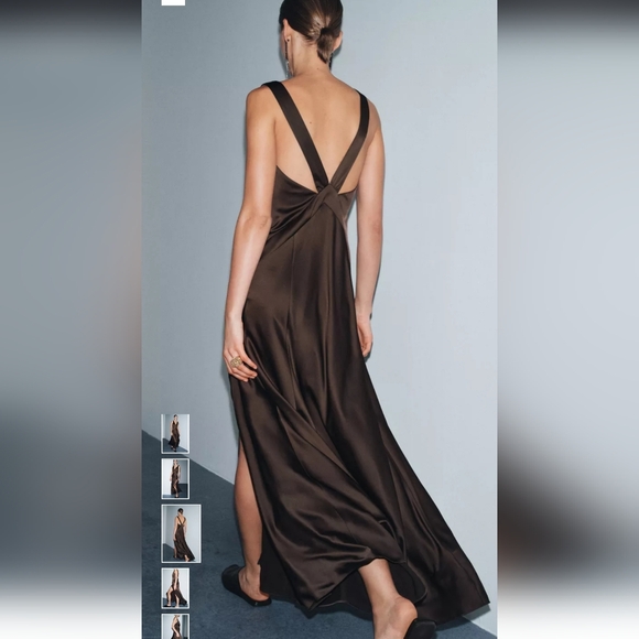 Satin V-Neck Brown Slip Dress - Picture 3 of 12